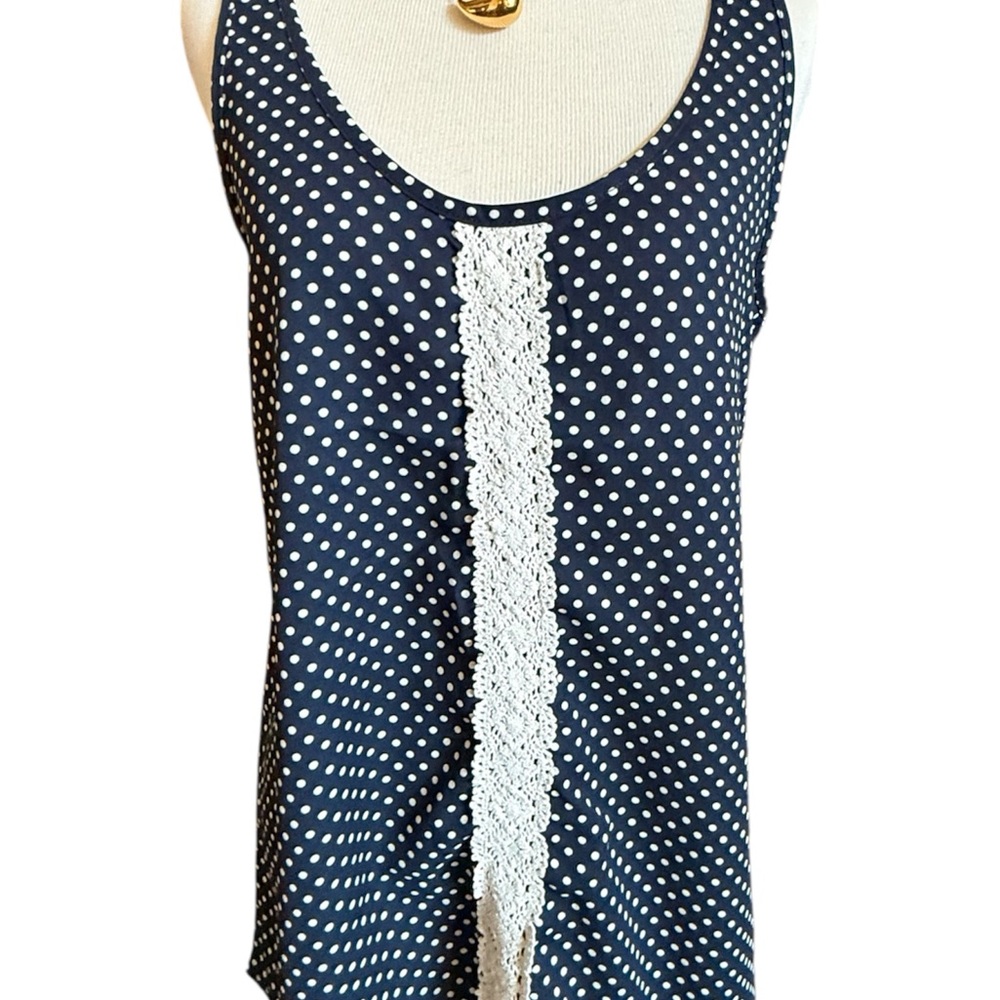 Elegant Navy Polka Dot Tank Top with Lace Detail